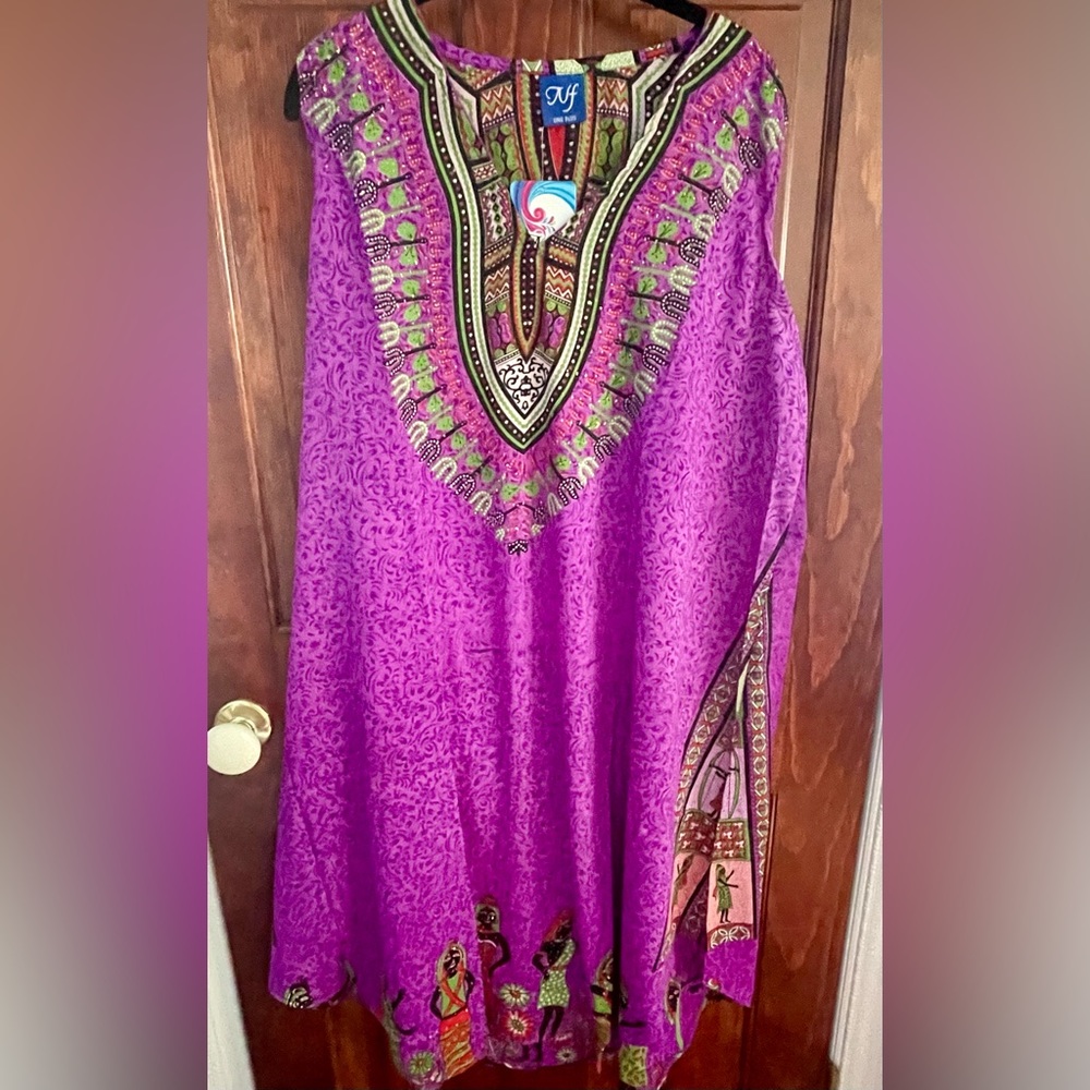 African Dashiki purple print dress with glitter dots detail one size